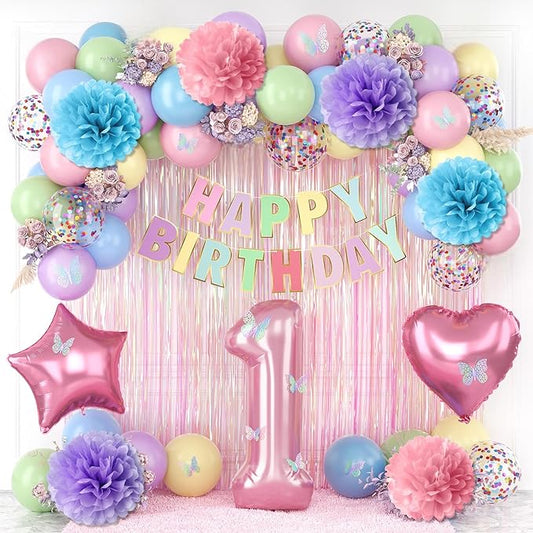 Pastel 1st Birthday Party Decorations for Girls Number 1 Balloon