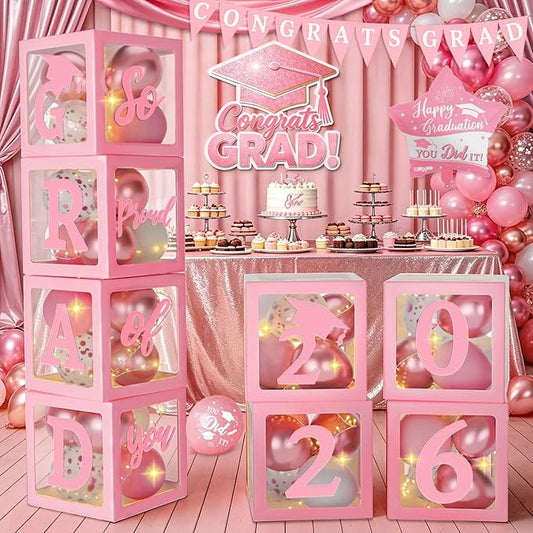 Pink Graduation Decorations Class of 2026 - Set of 4 Balloons Boxes