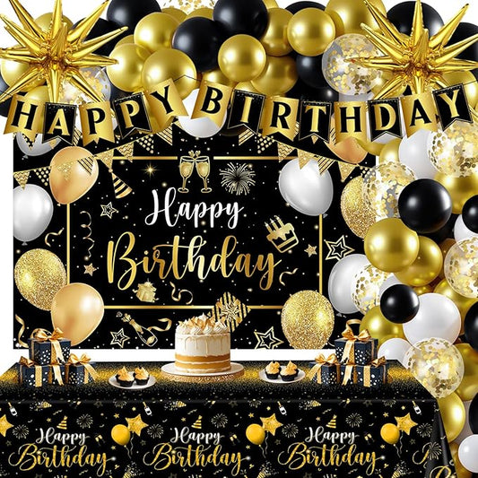 Black Gold Birthday Party Decorations for Men Women 63Pcs Black and
