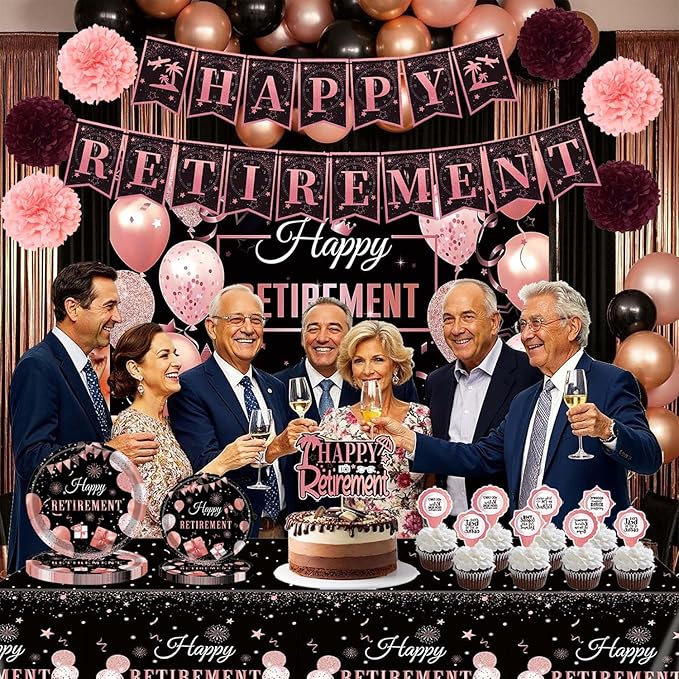 Retirement Party Decorations Rose Gold Retired Plates and Napkins