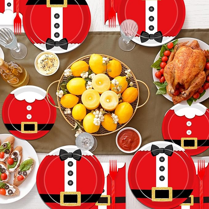 96 Pcs Santa Christmas Paper Plates Santa Claus Suit Disposable