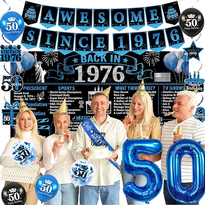 50th Birthday Decorations for Men Black Blue Back in 1976 Poster
