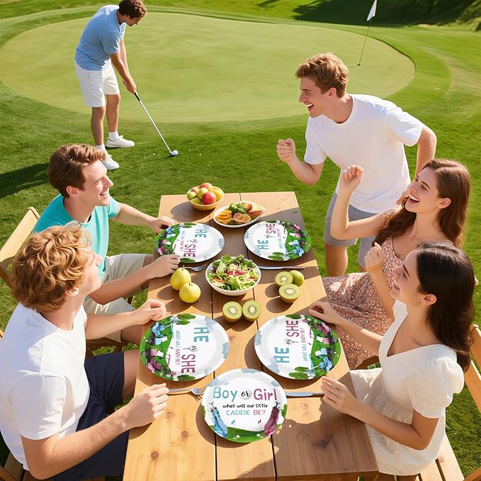 Grencian 96Pcs Golf Gender Reveal Party Supplies He She Theme Plates