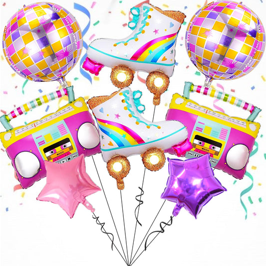 8 PCS Disco Balloons Radio Boombox Roller Skate Balloons for 80s 90s