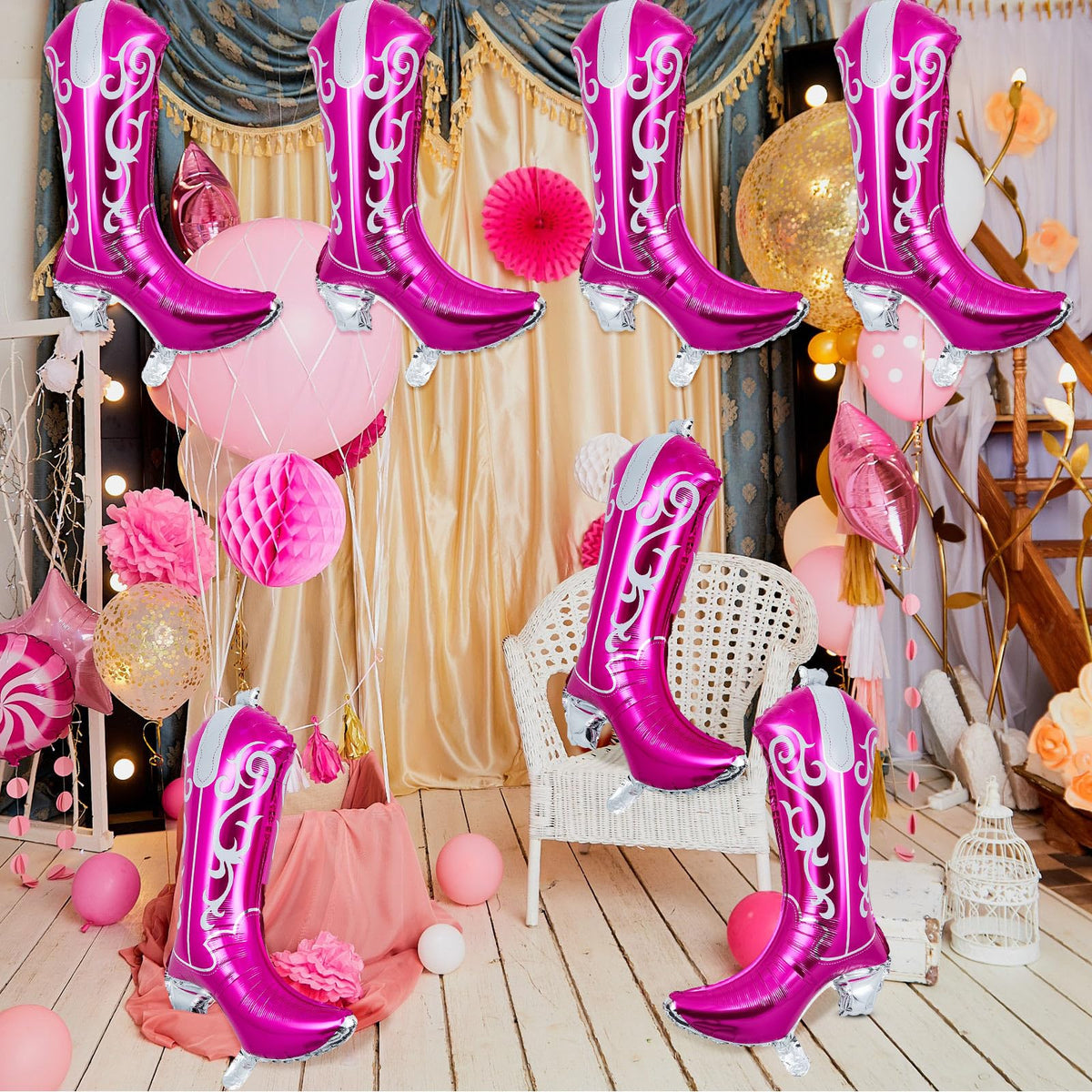 Wettarn 6 Pcs Cowboy Boot Balloons Bulk 25.6 Inch Large Cowgirl R Pink