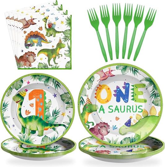 96Pcs Dinosaur 1st Birthday Decorations Cartoon Dinosaurs Plates