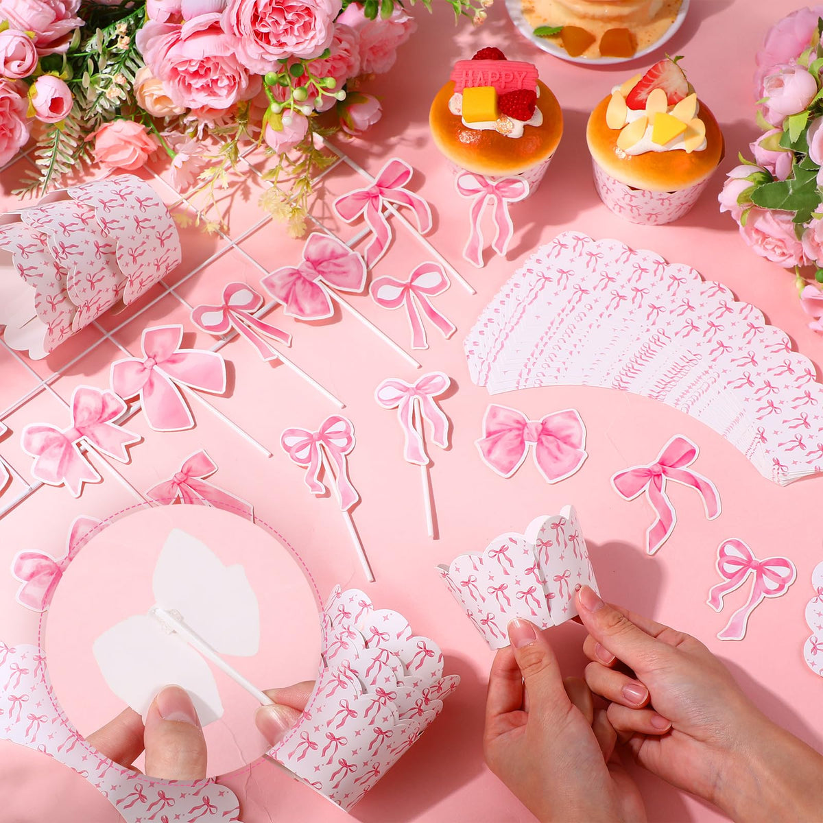 Widecook 96 Pcs Pink Bow Cupcake Toppers and Wrappers Coquette Bow
