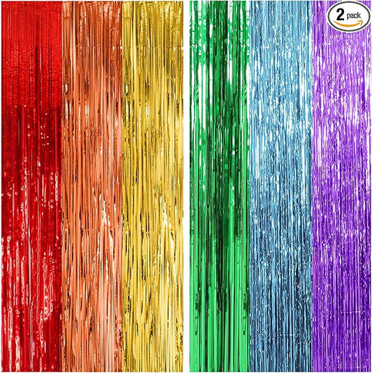 2 Pack Rainbow Party Backdrop Streamers Decorations Colorful Foil