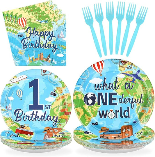 96Pcs Travel Theme 1st Birthday Party Supplies Adventure Awaits