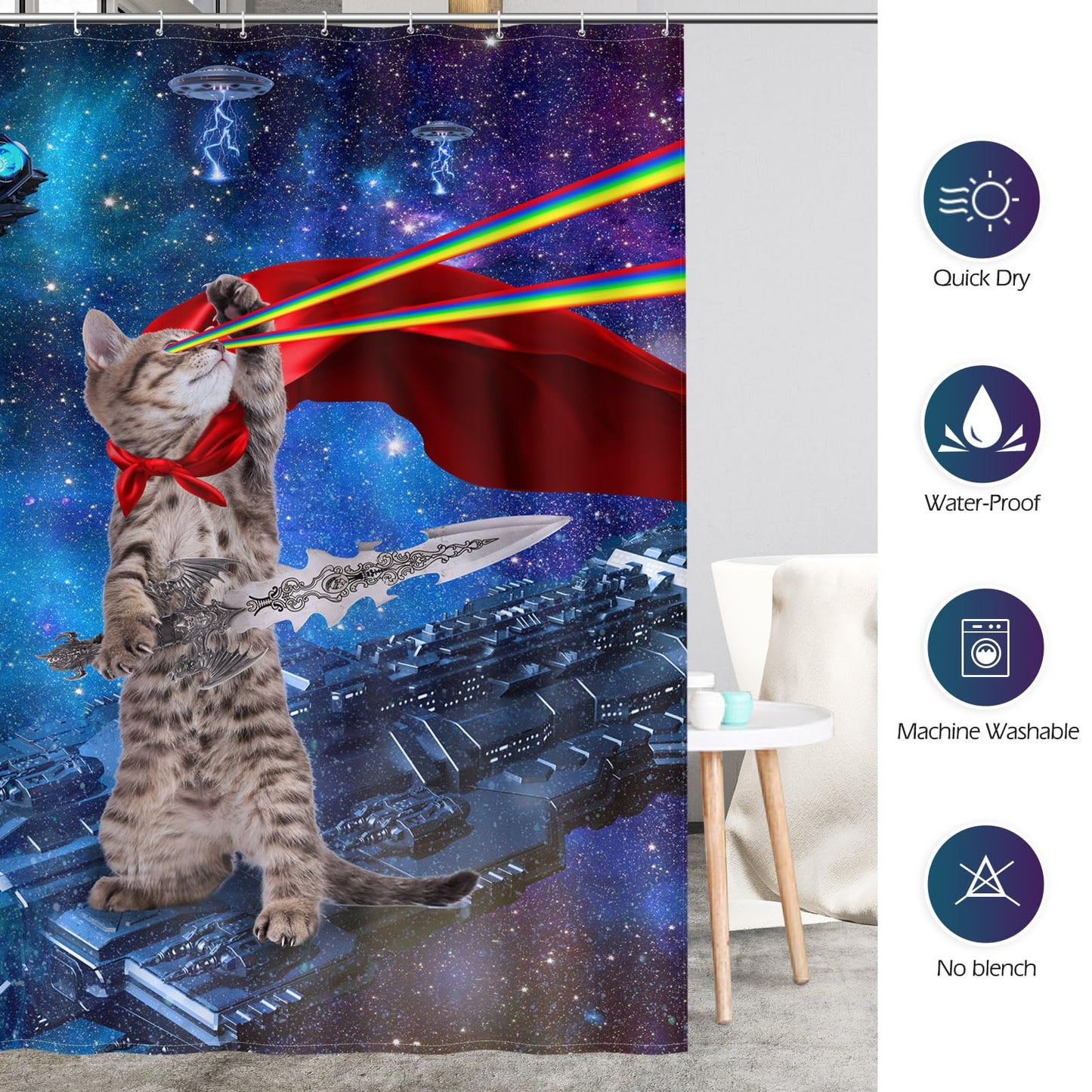 Aimego Extra Long Shower Curtain - Funny Cute Cool Cat on Fantasy