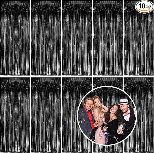 10 Pack Foil Curtain Backdrop Black Metallic Tinsel Foil Fringe
