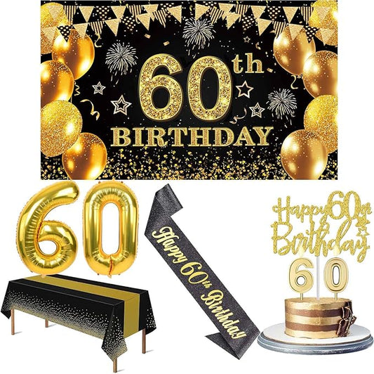 60th Birthday Decorations Men Women with 60th Birthday Banner Black