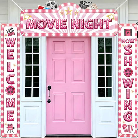 3Pcs Pink Movie Night Porch Banner Decoration Movie Theme Party