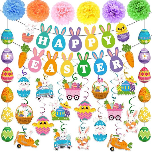 25Pcs Easter Decorations Set with Happy Easter Banner Easter Egg