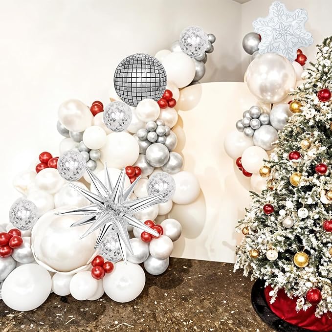 Christmas Decorations Balloons Arch Kit White Silver Snowflake