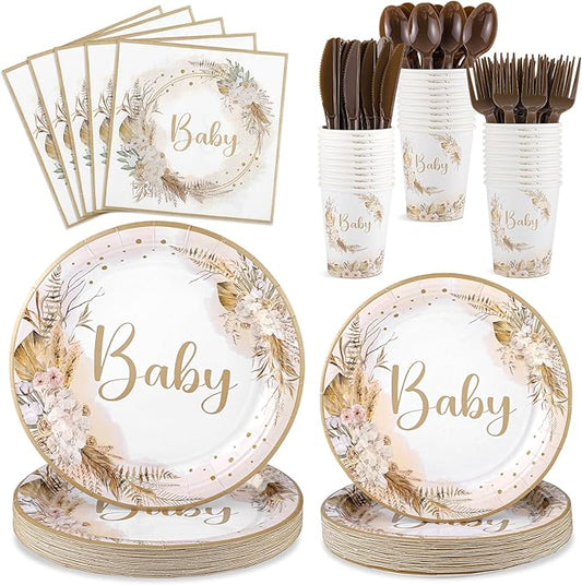 175 Pcs Boho Baby Shower Decorations, 25 Guest Baby Shower Plates and