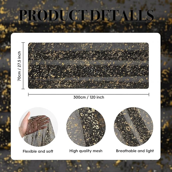Mode Black Gold Gauze Table Runner 120 Inch 10Pcs, Glitter