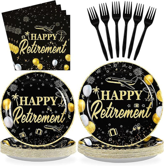 96Pcs Happy Retirement Party Supplies Black Gold Plates and Napkins