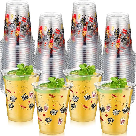 50 Pcs Movie Night Cups 12 oz Plastic Movie Theme Glasses Clear