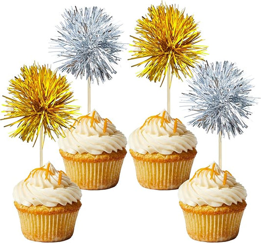 30Pcs Foil Firework Cupcake Toppers Sparkle Tinsel Cake