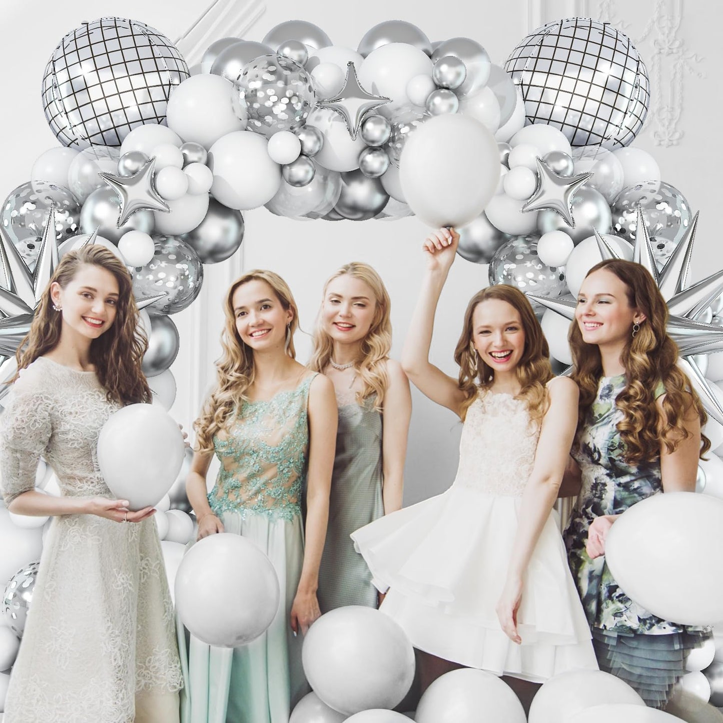 White and Silver Balloon Arch Garland Kit,White Silver Star Confetti