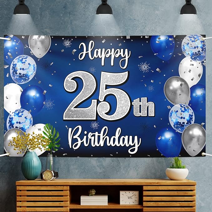 Happy 25th Birthday Decorations 25th Blue & Silver Balloon Large