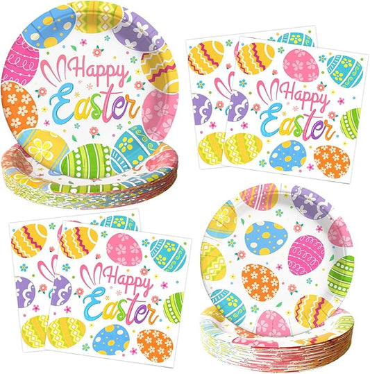 75Pcs Easter Paper Plates and Napkins Set Easter Eggs Themed