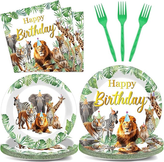 96Pcs Jungle Animals Plates and Napkins Safari Happy Birthday Party