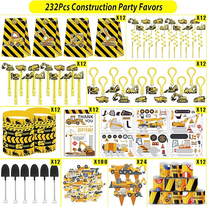 232PCS Construction Birthday Party Supplies Decorations Favors