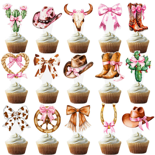 Western Cowgirl Bow Cupcake Toppers 48Pcs Brown Pink Cowgirls Birthday