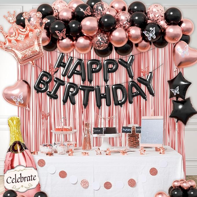 Rose Gold and Black Birthday Party Decorations with Happy Birthday