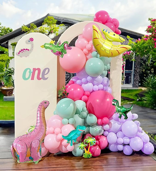 Pink Dino Balloon garland arch kit with Pastel Pink Purple Teal and