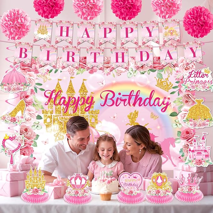 Floral Princess Birthday Party Decorations Pink Gold Princess Happy