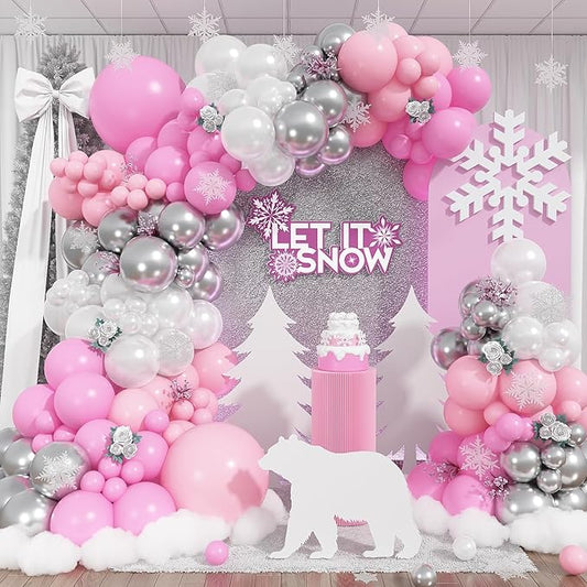 Pink and Silver Balloon Arch Kit, Pastel Pink and White Metallic