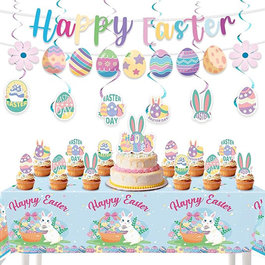 Easter Party Decorations Set with Happy Banner Rabbit Big Tablecloth