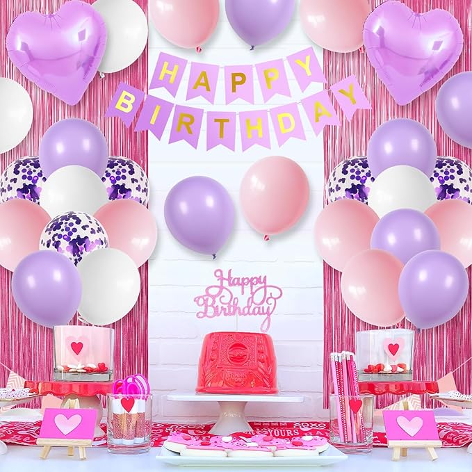 Pink Purple Birthday Decorations for Girls,Happy Birthday Party