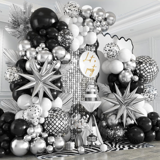 Black Silver Balloon Arch Kit 138Pcs Black White Metallic Silver