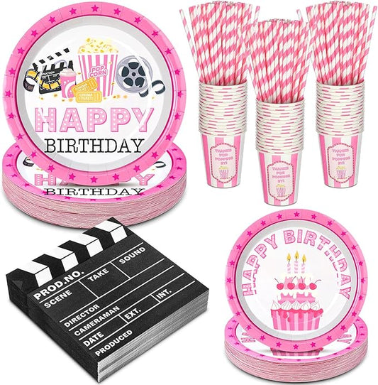 180 Pcs Pink Movie Night Party Supplies Happy Birthday Theme