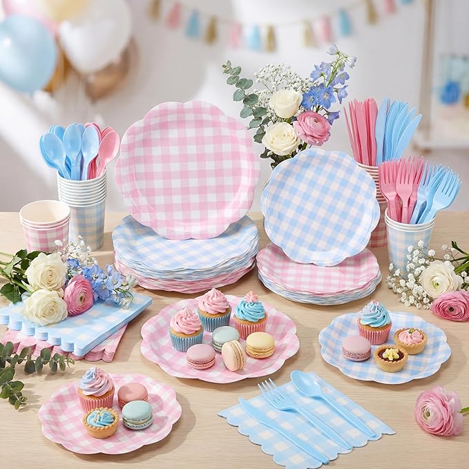 Funnymoom 452 Pcs Gender Reveal Gingham Party Decoration for 50, Pink