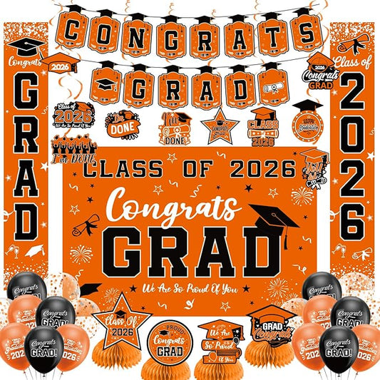 Graduation Decorations 2026 Orange Set, Congrats Grad Decor Set