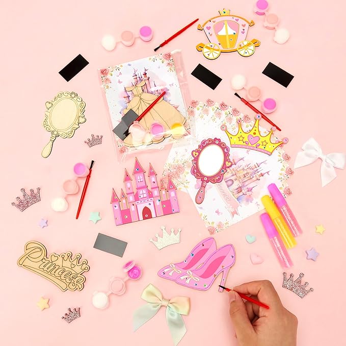 24 Sets Princess Party Favors DIY Wooden Painting Crafts Kit with
