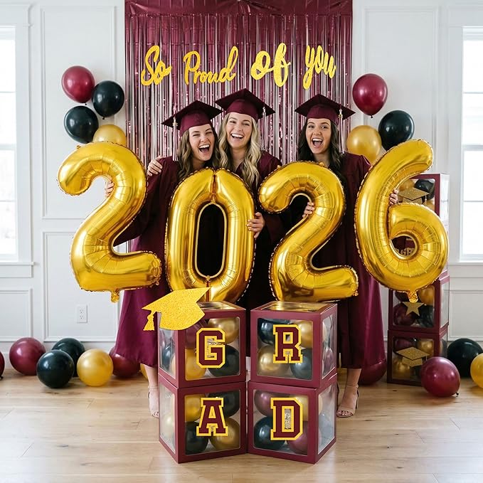 Maroon Black and gold Decorations 2026 Set of 4 Graduation Balloon