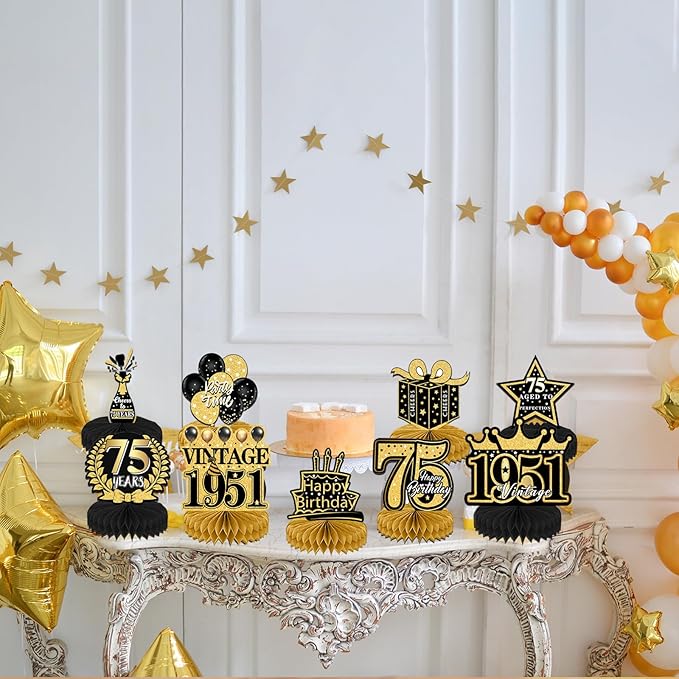 75th Birthday Decorations for Men, 9PCS Black Gold 75th Birthday