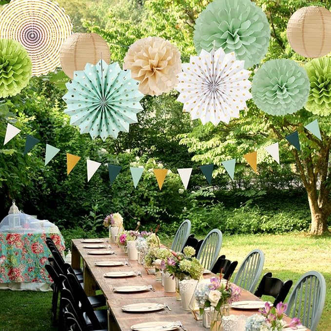 Sage Olive Green Gold Brown Boho Party Decorations 33pcs Paper