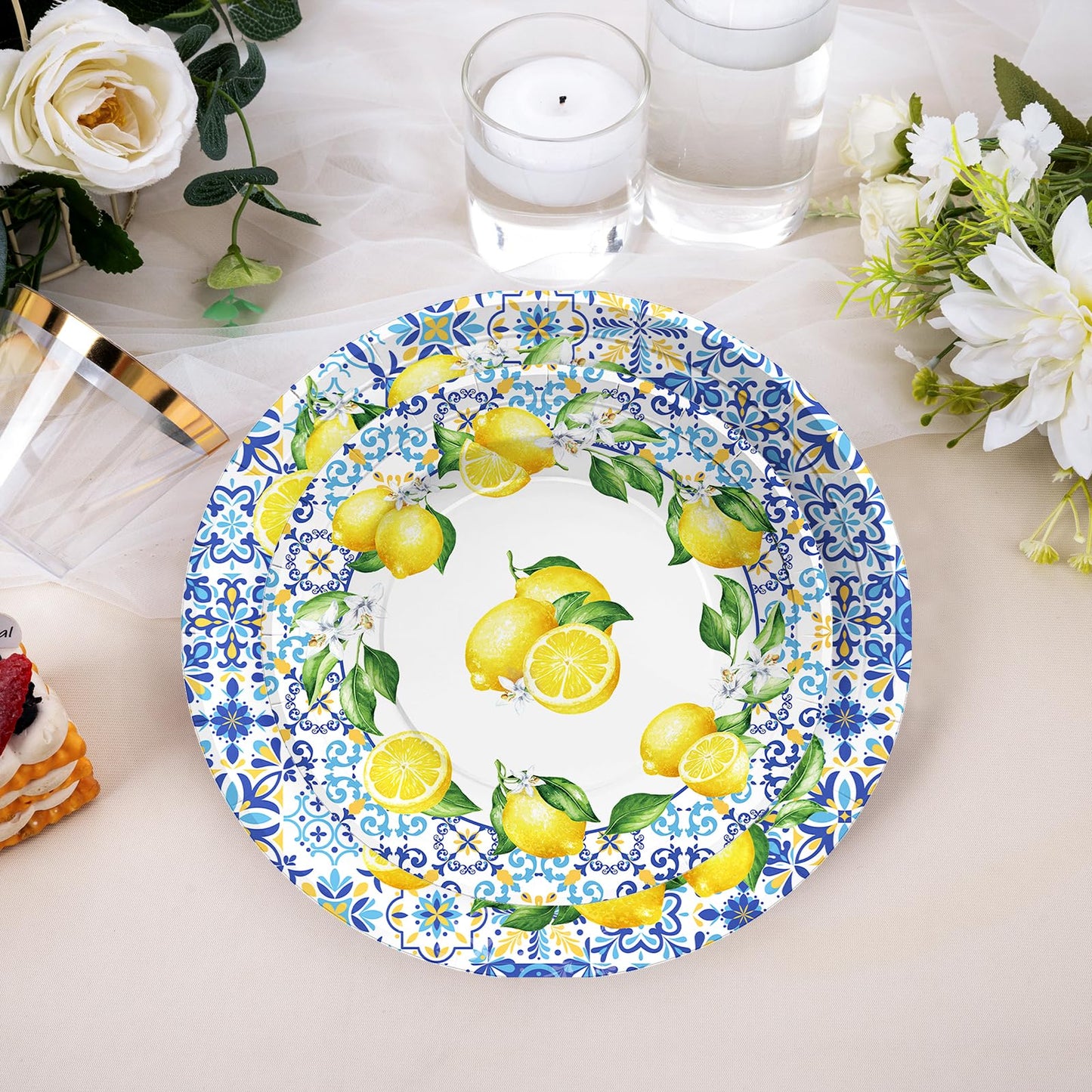 96Pcs Capri Lemon Party Supplies Blue Tiles Yellow Lemon Plates and