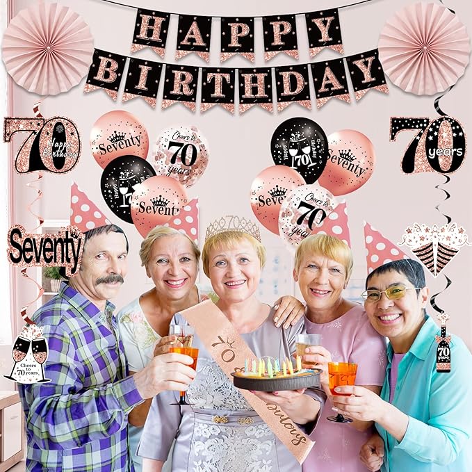 70th Birthday Decorations for Women 33pcs Kit with Crown Sash Banner