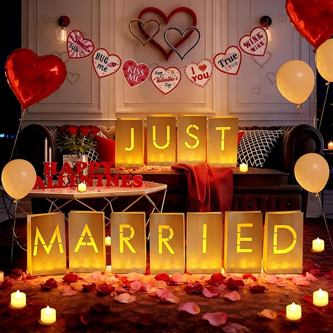 Just Married Luminary Paper Bags with LED Tea Lights Flameless