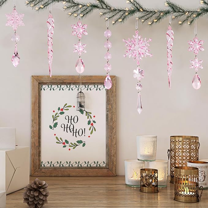 18pcs Crystal Christmas Ornaments for Christmas Tree Decorations-Pink