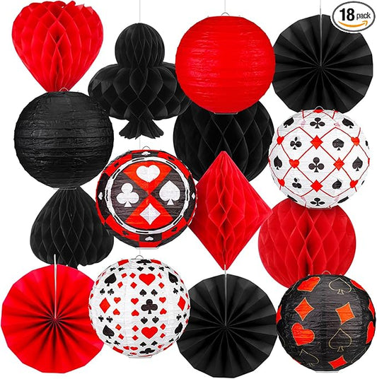 18 Pcs Casino Party Decoration 3D Poker Hanging Paper Lantern Red