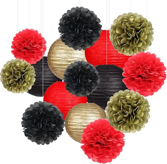 Zilue Red and Black Party Decorations, Paper Lanterns and Pom Poms